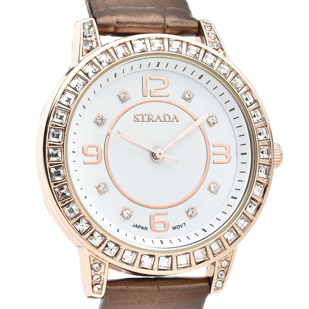 Strada Japanese Movement White Austrian Crystal Watch with Brown Faux Leather Strap (36mm) (7.00-8.25 Inches) image number 3