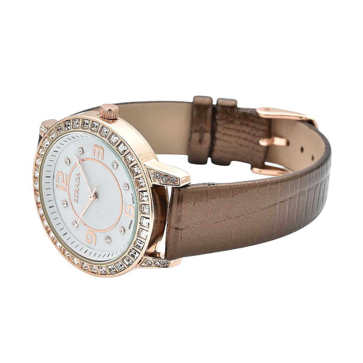 Strada Japanese Movement White Austrian Crystal Watch with Brown Faux Leather Strap (36mm) (7.00-8.25 Inches) image number 4