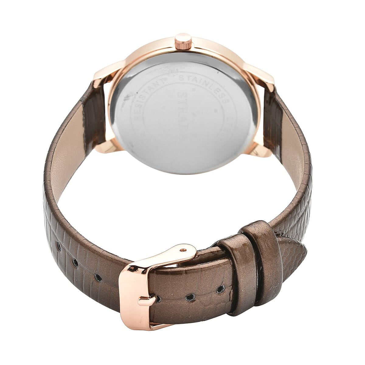 Strada Japanese Movement White Austrian Crystal Watch with Brown Faux Leather Strap (36mm) (7.00-8.25 Inches) image number 5