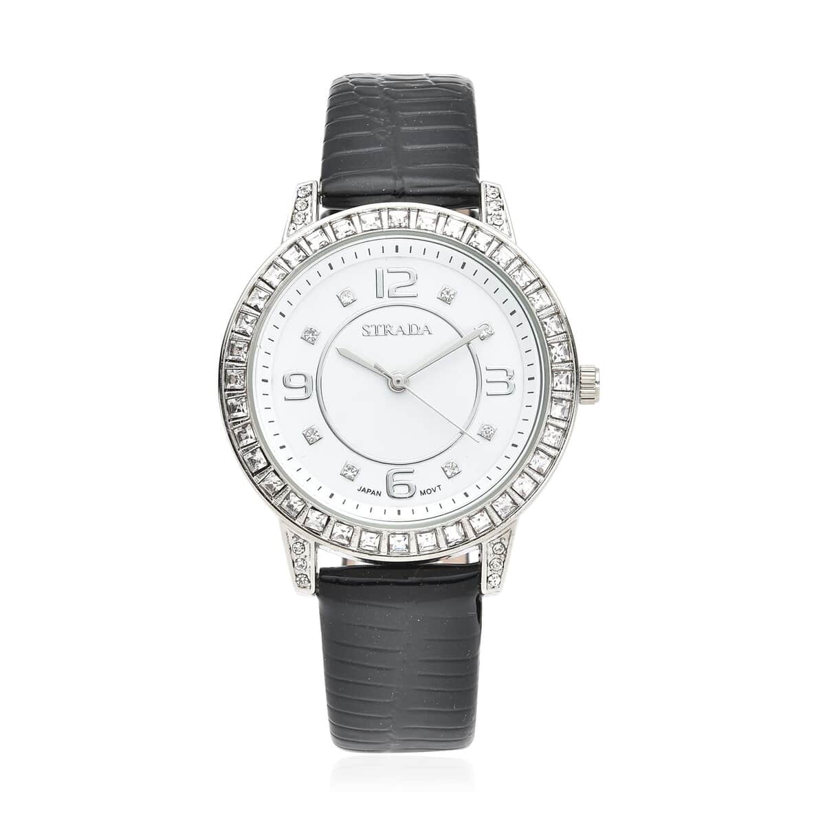 Strada Japanese Movement White Austrian Crystal Watch with Black Faux Leather Strap (36mm) (7.00-8.25 Inches) image number 0