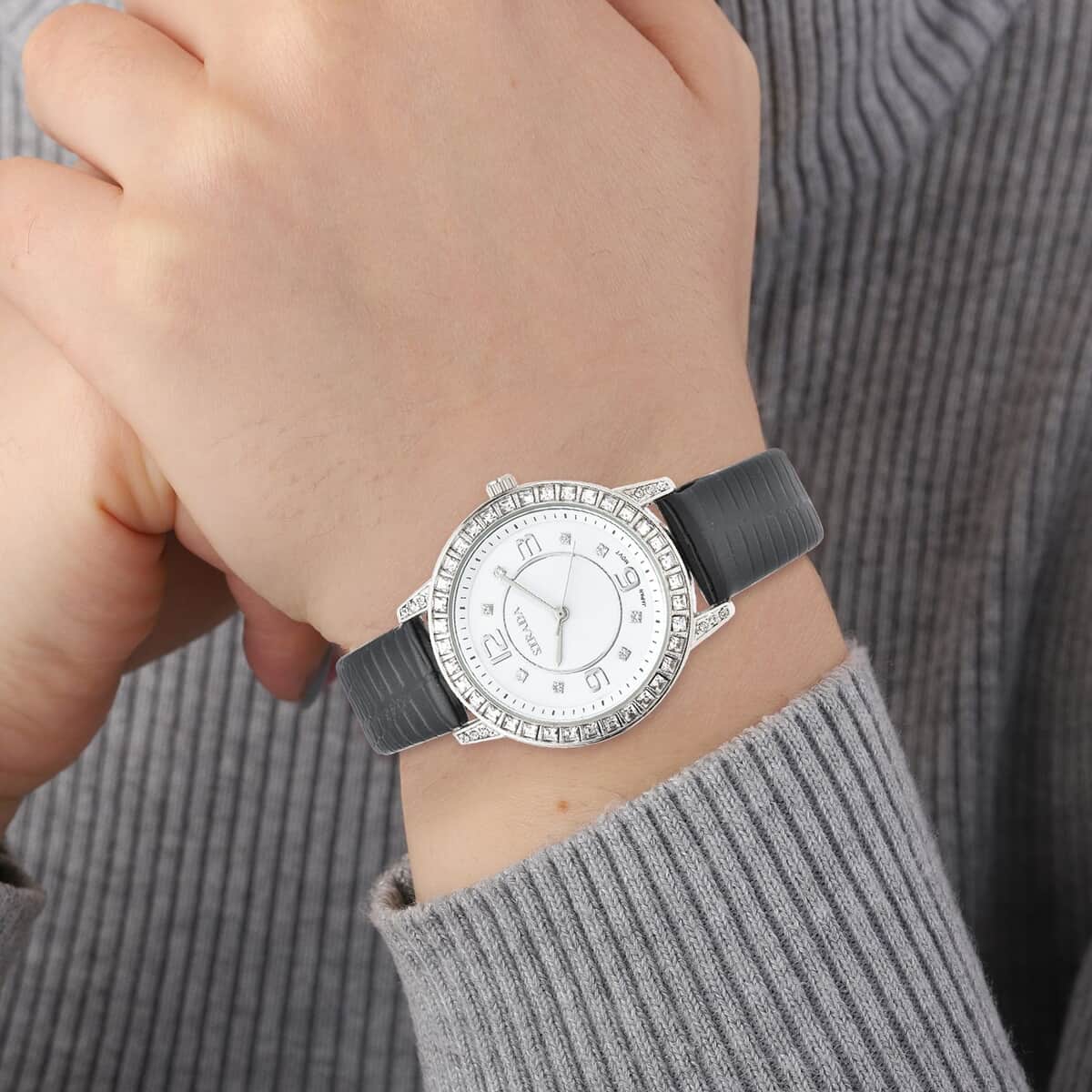 Strada Japanese Movement White Austrian Crystal Watch with Black Faux Leather Strap (36mm) (7.00-8.25 Inches) image number 2