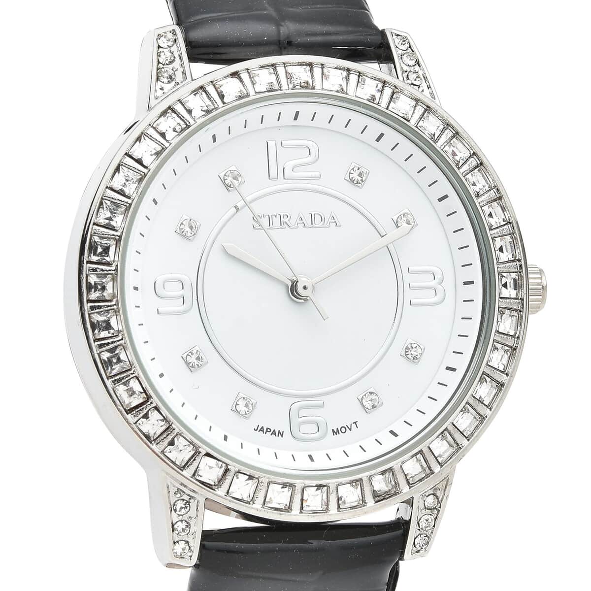 Strada Japanese Movement White Austrian Crystal Watch with Black Faux Leather Strap (36mm) (7.00-8.25 Inches) image number 3