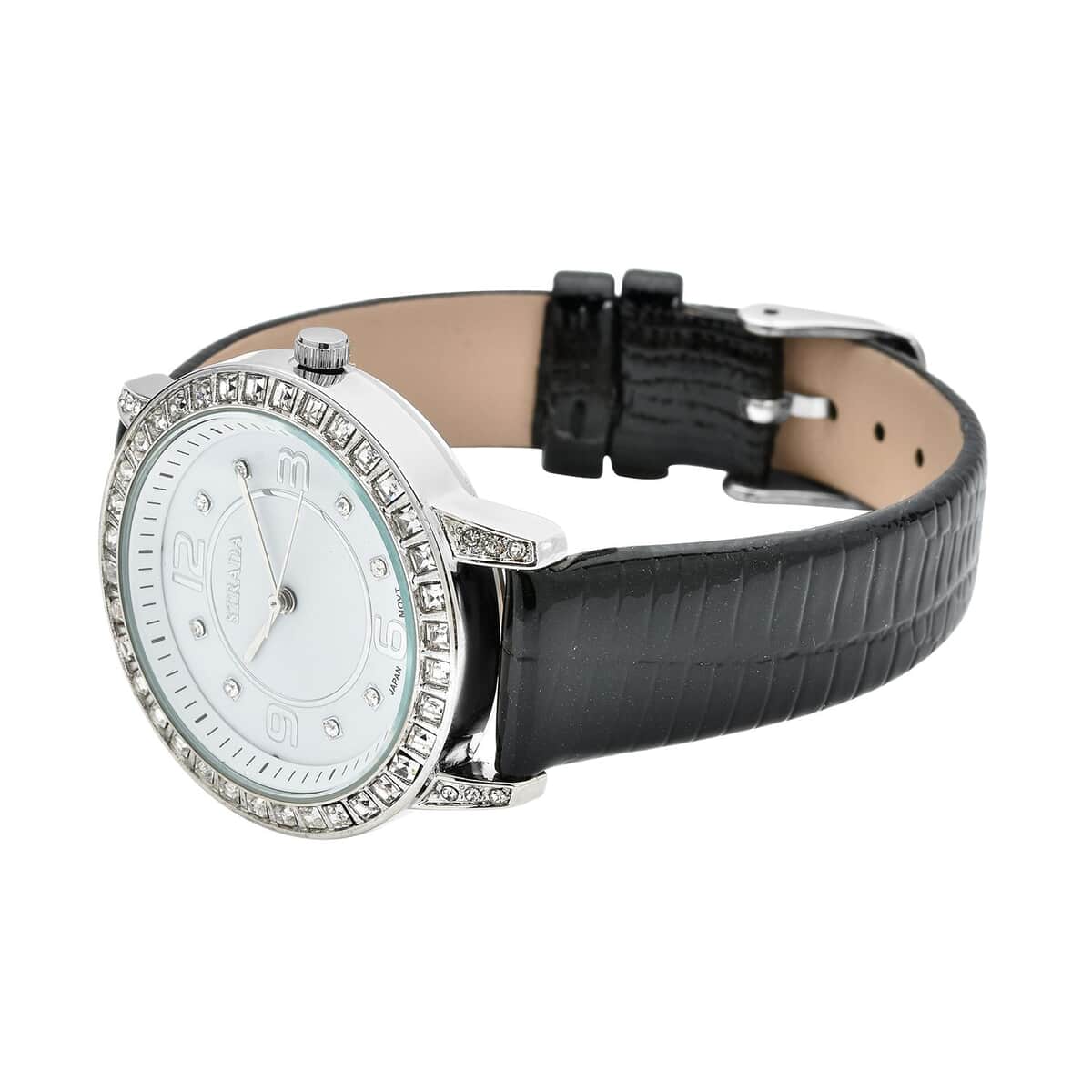 Strada Japanese Movement White Austrian Crystal Watch with Black Faux Leather Strap (36mm) (7.00-8.25 Inches) image number 4