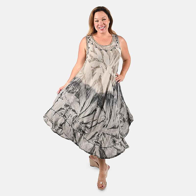Tamsy Black and Tan Embroidered Tie Dye Umbrella Dress - One Size Missy , Women's Dress , Summer Dress , Western Dress , Sleeveless Dress