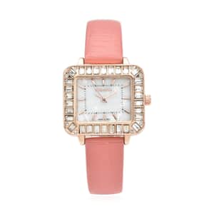 Strada Austrian Crystal Japanese Movement Square Shaped Dial Watch with Light Pink Faux Leather Strap (30mm) (7.0-8.0 Inch)