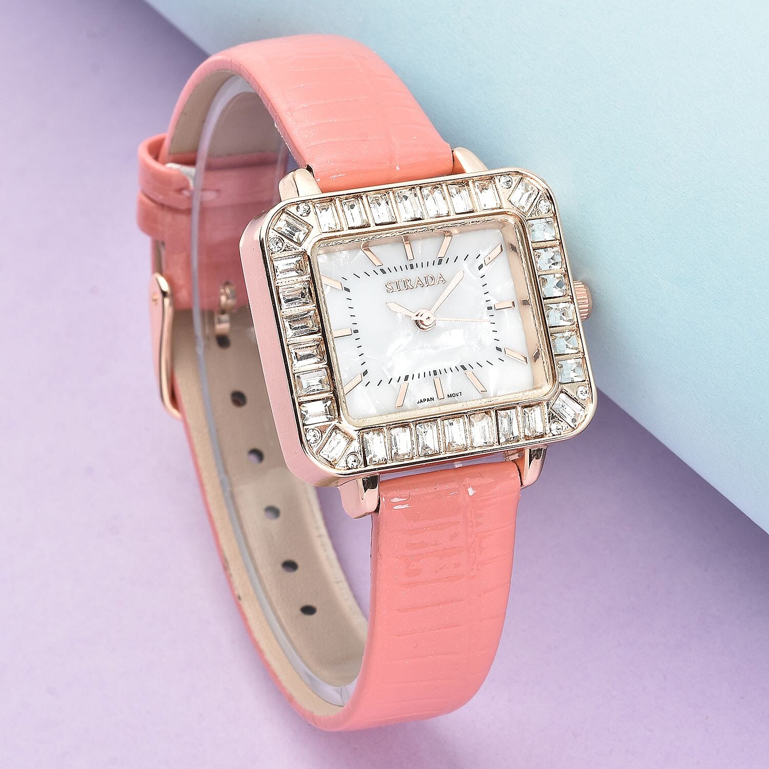 Strada Austrian Crystal Japanese Movement Square Shaped Dial Watch with Light Pink Faux Leather Strap (30mm) (7.0-8.0 Inch)