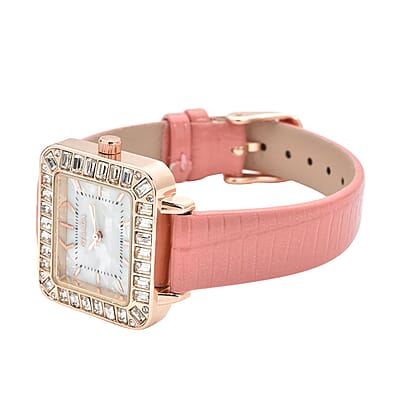 Strada Austrian Crystal Japanese Movement Square Shaped Dial Watch with Light Pink Faux Leather Strap (30mm) (7.0-8.0 Inch)