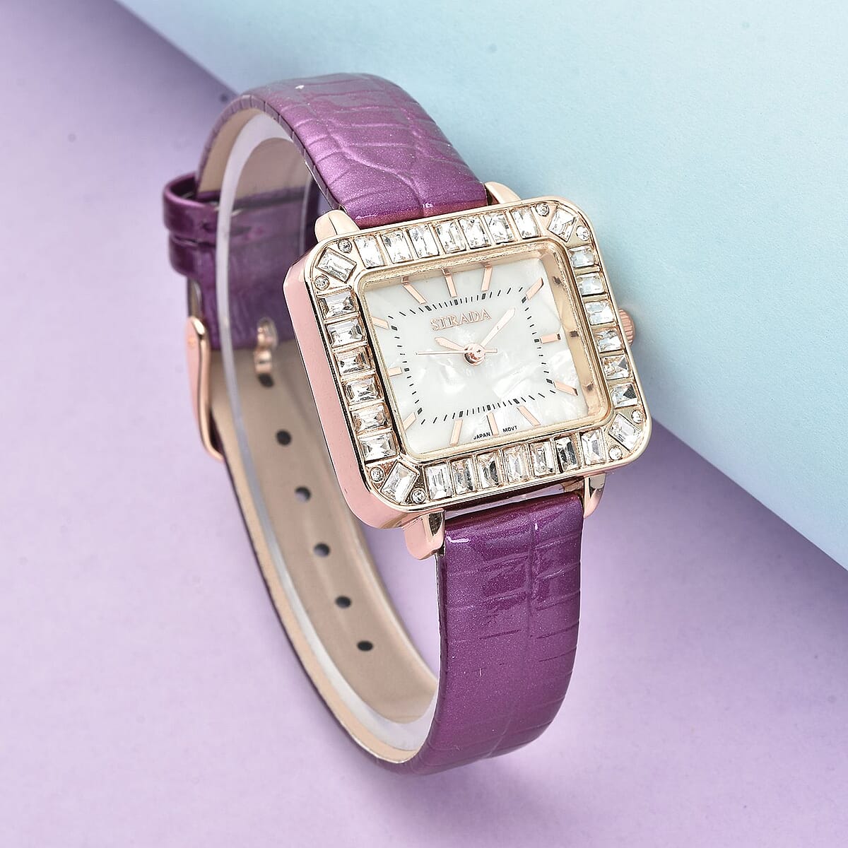 Strada Austrian Crystal Japanese Movement Square Shaped Dial Watch with Purple Faux Leather Strap (30mm) (7.0-8.0 Inch) image number 1