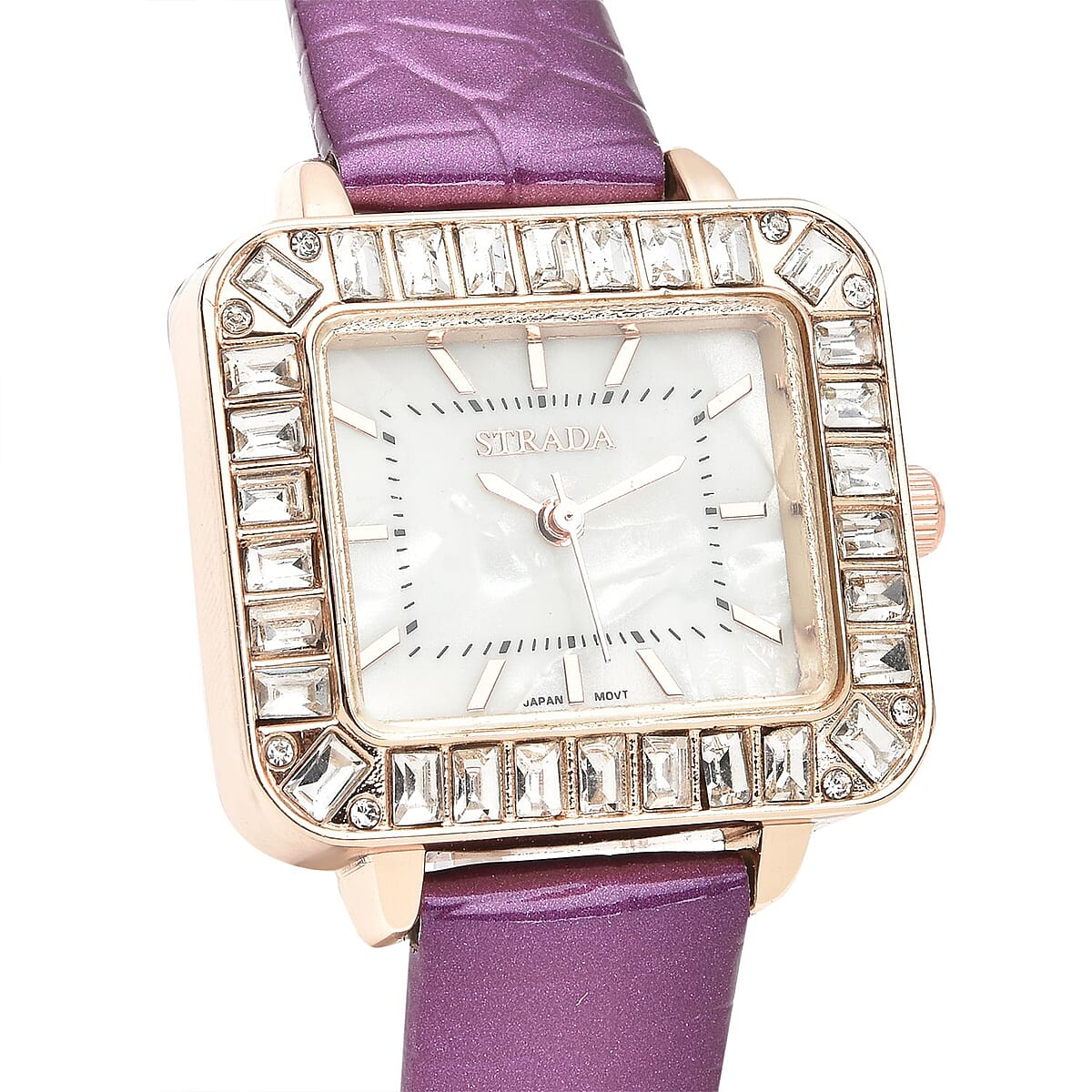 Strada Austrian Crystal Japanese Movement Square Shaped Dial Watch with Purple Faux Leather Strap (30mm) (7.0-8.0 Inch) image number 3
