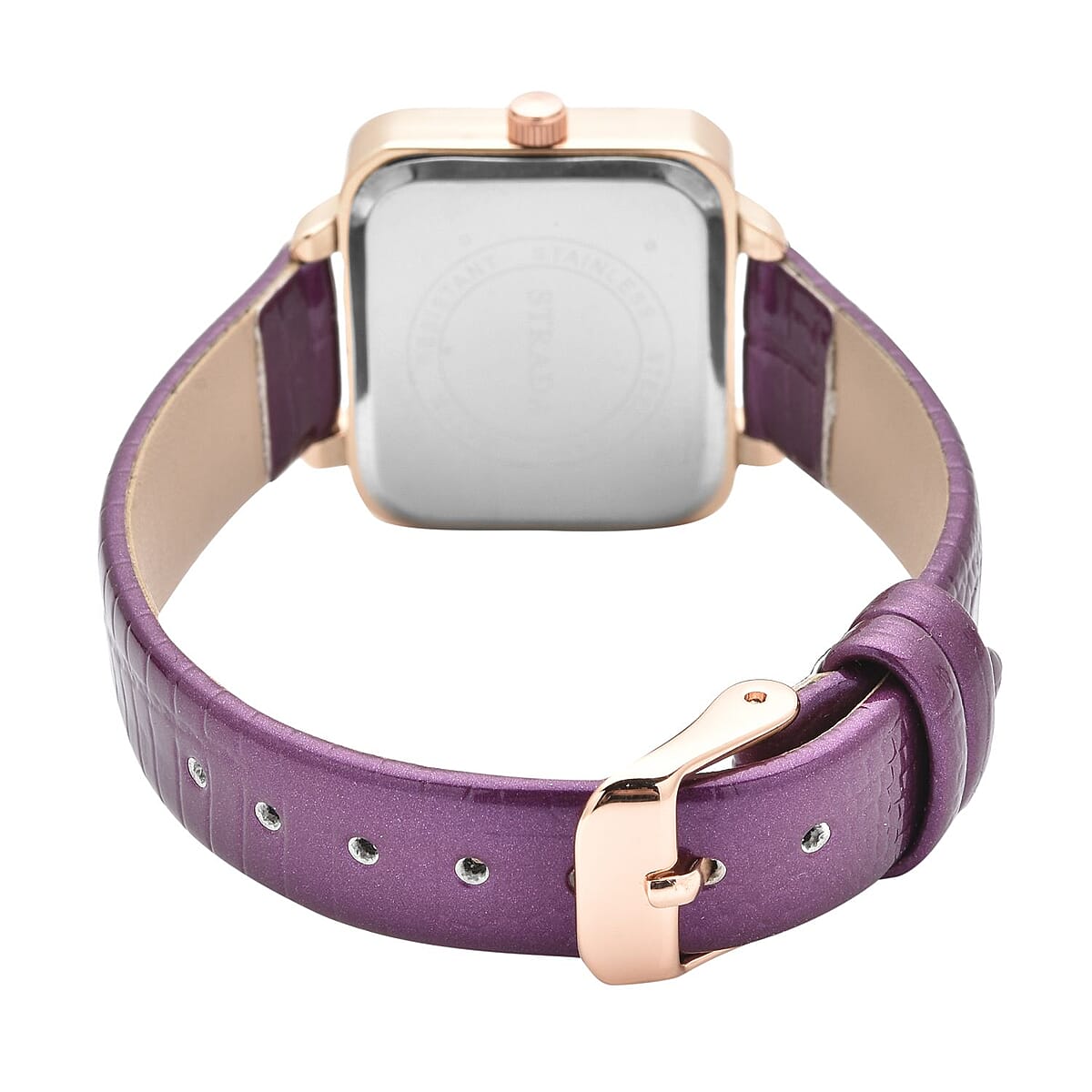 Strada Austrian Crystal Japanese Movement Square Shaped Dial Watch with Purple Faux Leather Strap (30mm) (7.0-8.0 Inch) image number 5