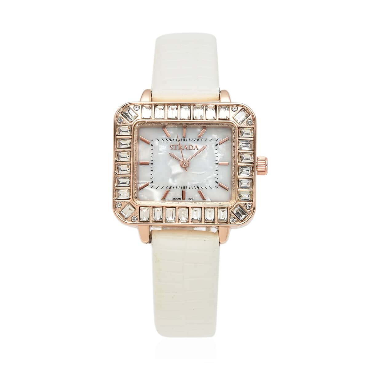 Strada Austrian Crystal Japanese Movement Square Shaped Dial Watch with White Faux Leather Strap (30mm) image number 0