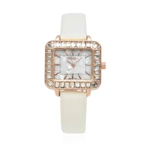 Strada Austrian Crystal Japanese Movement Square Shaped Dial Watch with White Faux Leather Strap (30mm)