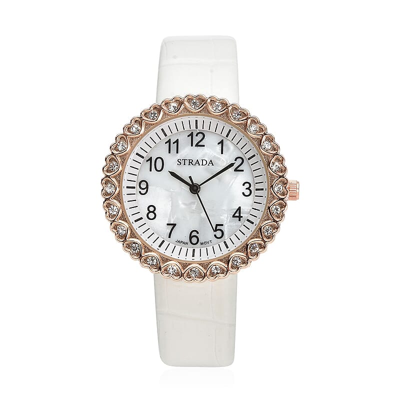 Strada Austrian Crystal Japanese Movement Watch with White Faux Leather Strap (36mm) (7.0-8.0 Inch)