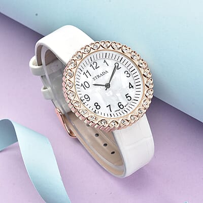 Strada Austrian Crystal Japanese Movement Watch with White Faux Leather Strap (36mm) (7.0-8.0 Inch)