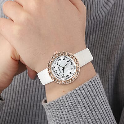 Strada Austrian Crystal Japanese Movement Watch with White Faux Leather Strap (36mm) (7.0-8.0 Inch)