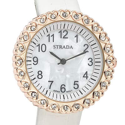 Strada Austrian Crystal Japanese Movement Watch with White Faux Leather Strap (36mm) (7.0-8.0 Inch)