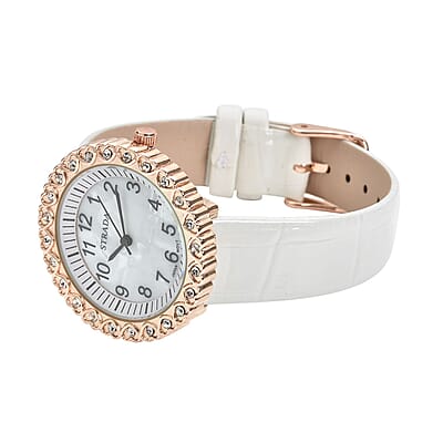 Strada Austrian Crystal Japanese Movement Watch with White Faux Leather Strap (36mm) (7.0-8.0 Inch)