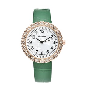 Strada Austrian Crystal Japanese Movement Watch with Green Faux Leather Strap (36mm) (7.0-8.0 Inch)