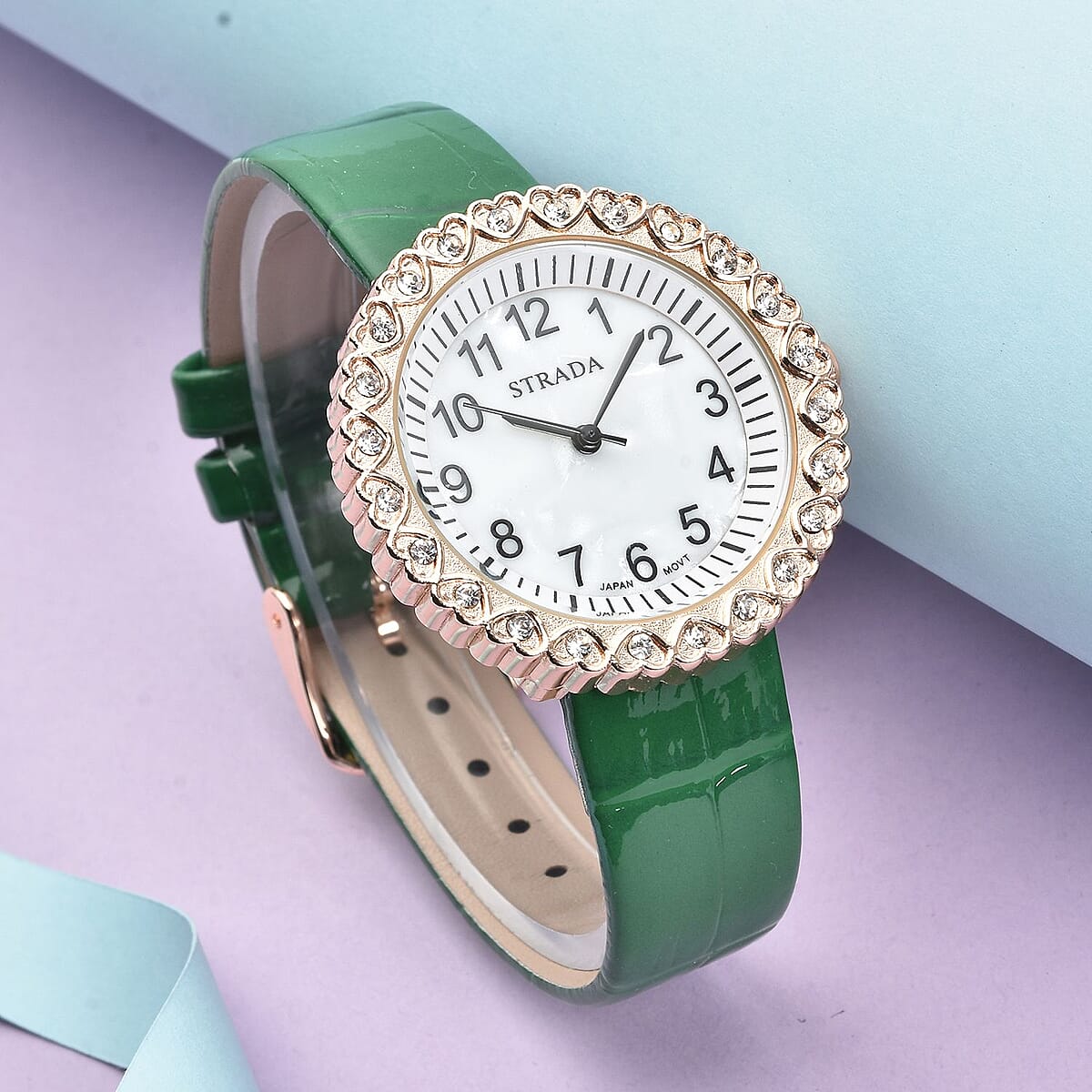 Strada Austrian Crystal Japanese Movement Watch with Green Faux Leather Strap (36mm) (7.0-8.0 Inch) image number 1