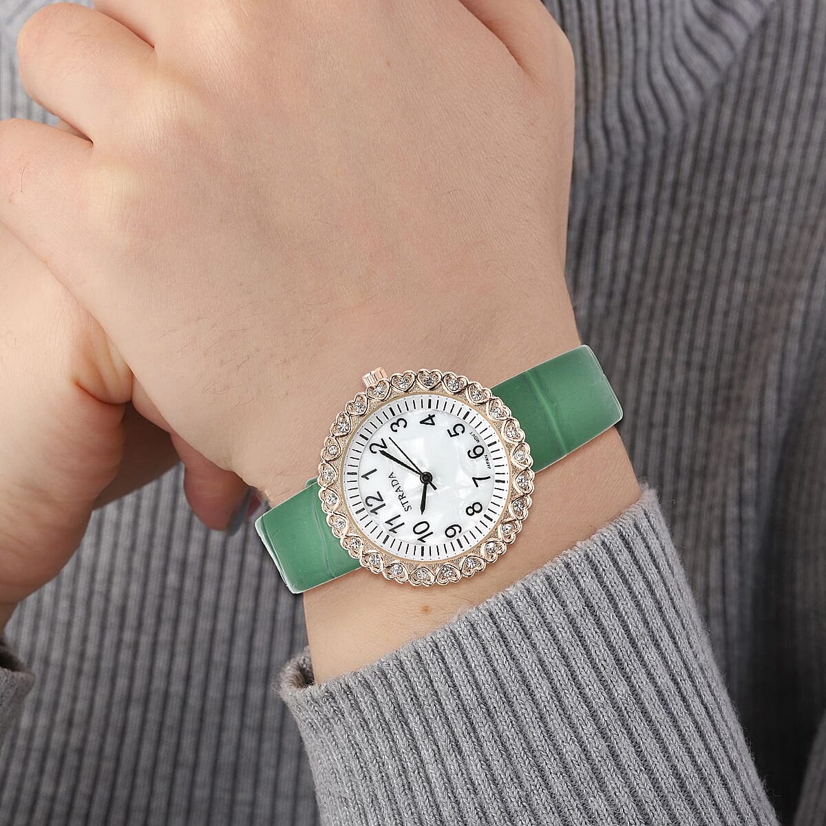 Strada Austrian Crystal Japanese Movement Watch with Green Faux Leather Strap (36mm) (7.0-8.0 Inch) image number 2