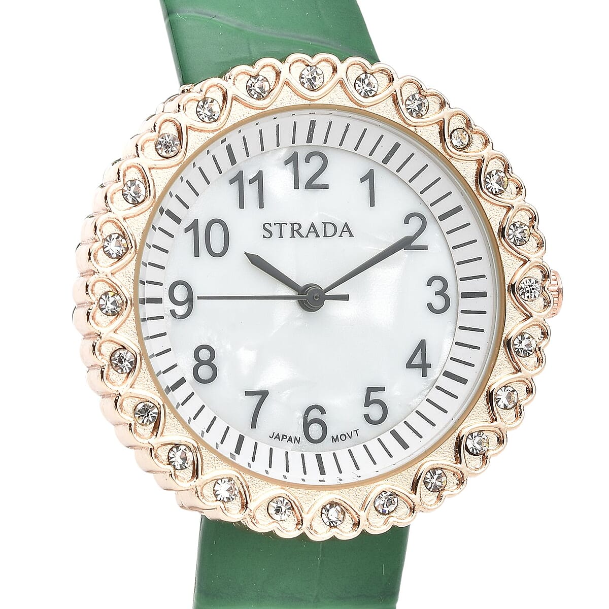 Strada Austrian Crystal Japanese Movement Watch with Green Faux Leather Strap (36mm) (7.0-8.0 Inch) image number 3