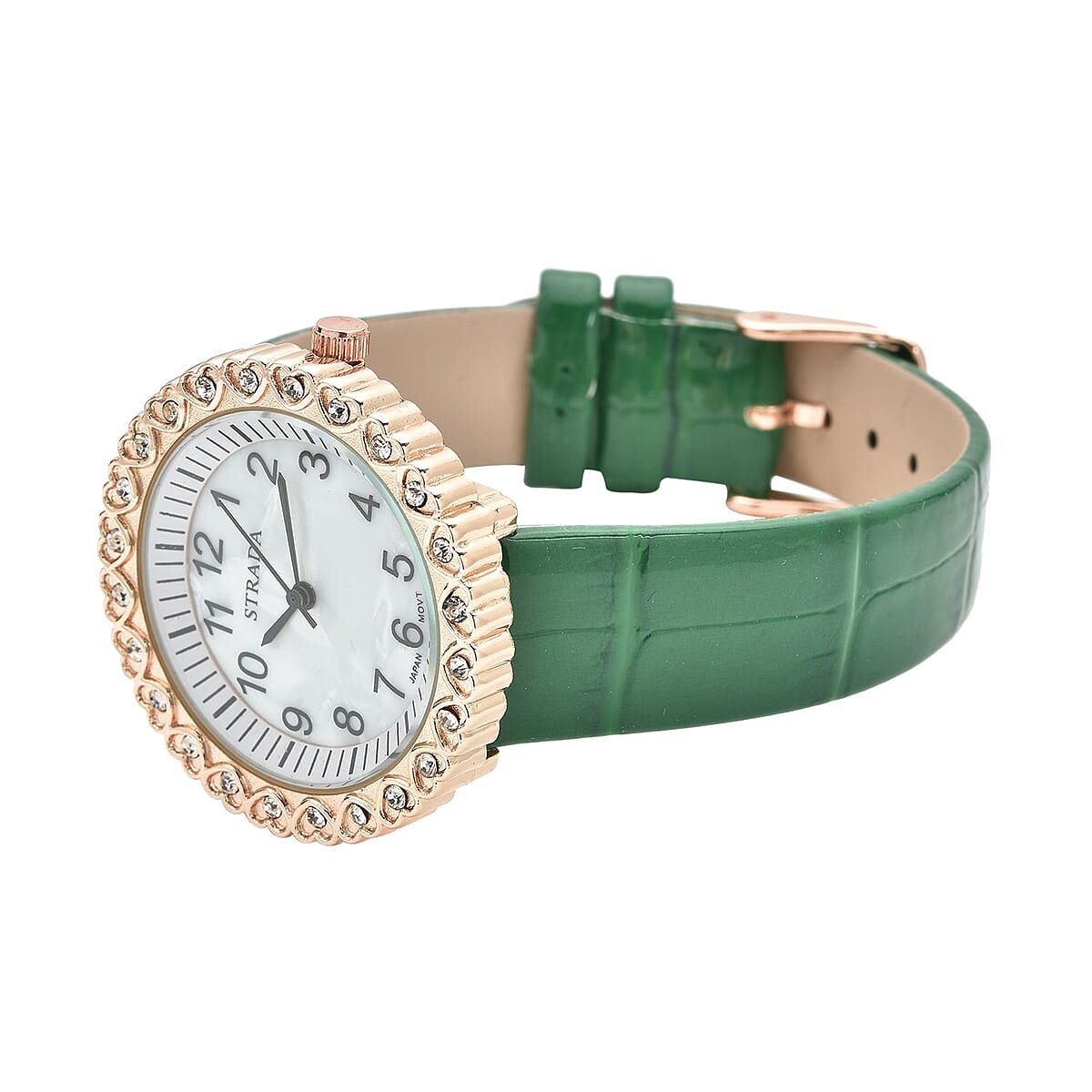 Strada Austrian Crystal Japanese Movement Watch with Green Faux Leather Strap (36mm) (7.0-8.0 Inch) image number 4