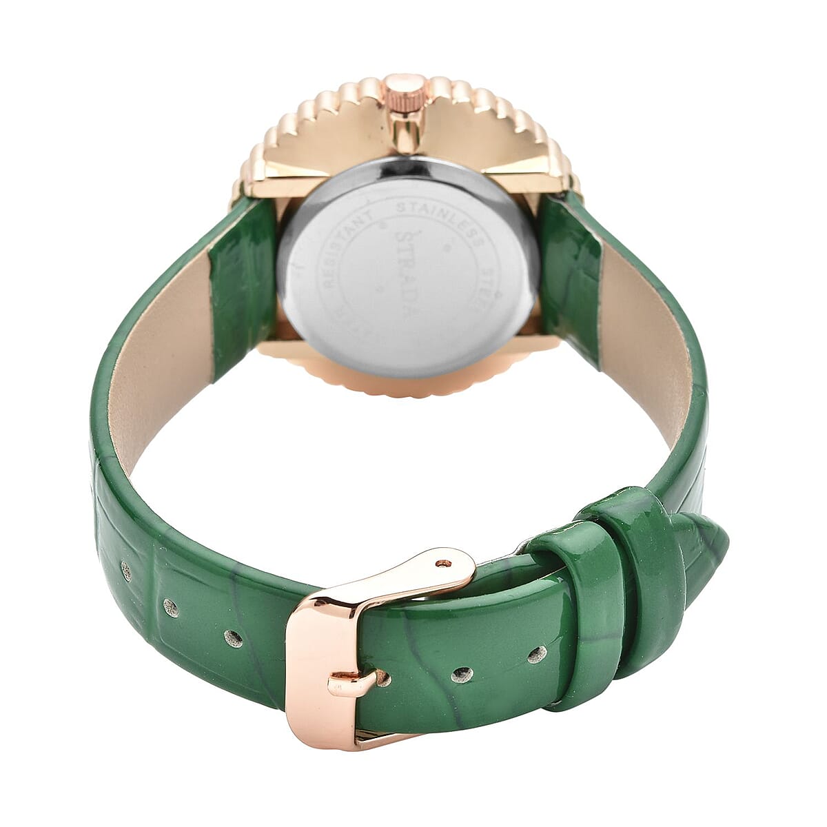 Strada Austrian Crystal Japanese Movement Watch with Green Faux Leather Strap (36mm) (7.0-8.0 Inch) image number 5