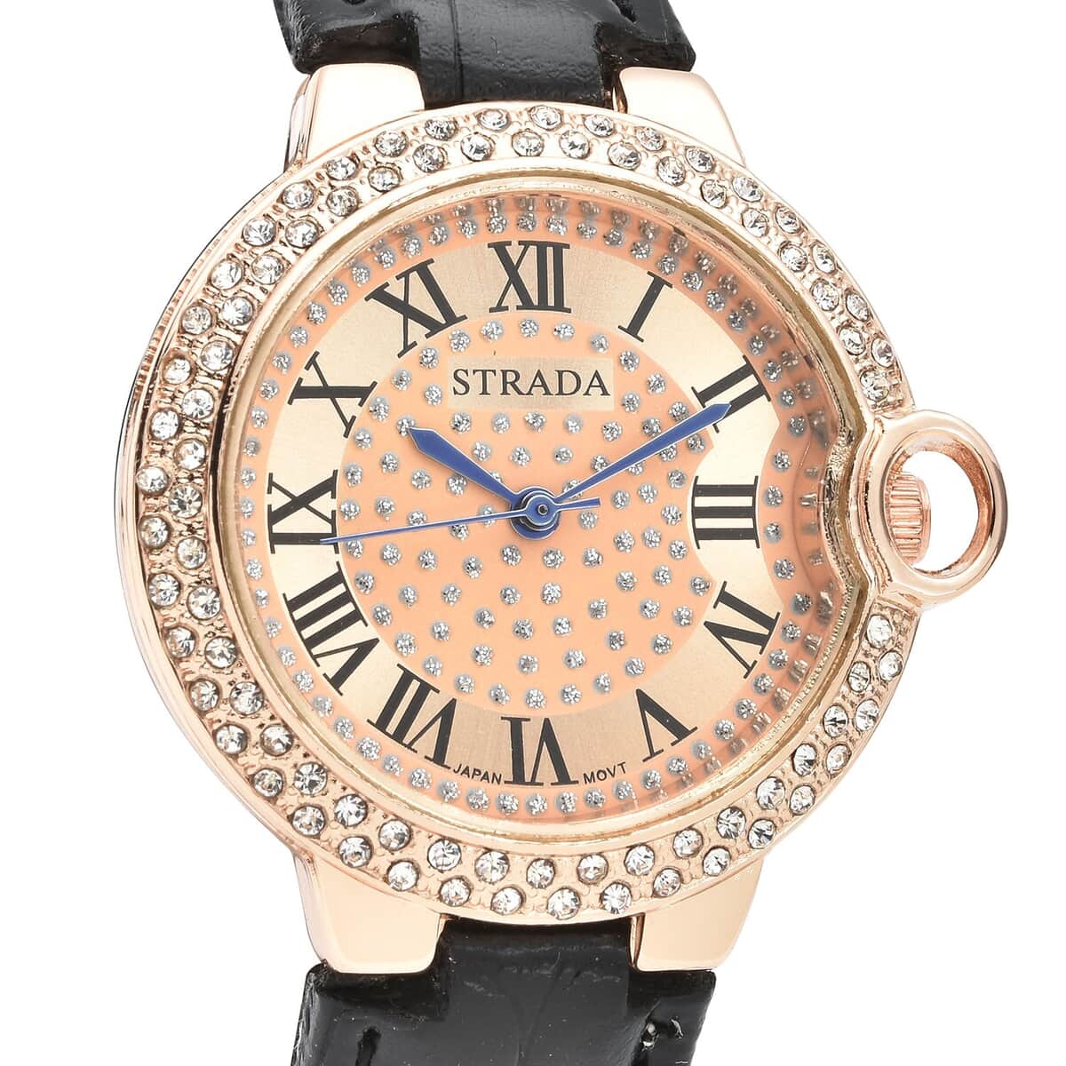 Strada Japanese Movement White Austrian Crystal Watch with Black Faux Leather Strap (36mm) (6.75 -8.00 Inches) image number 3