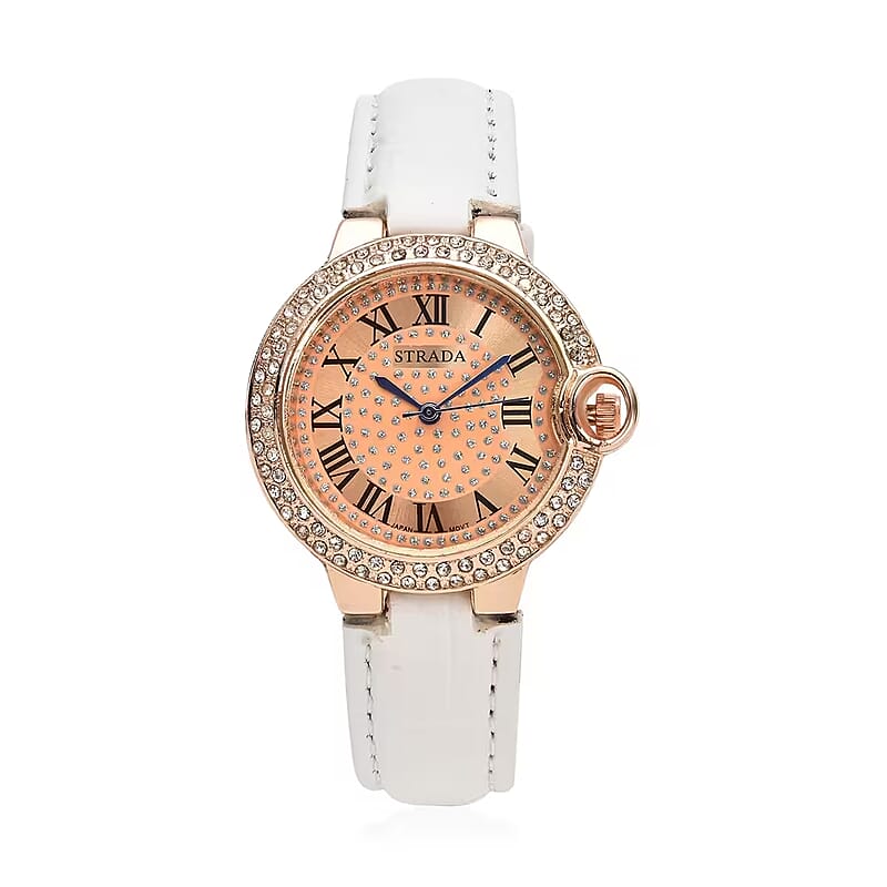 Strada Japanese Movement White Austrian Crystal Watch with White Faux Leather Strap (36mm) (6.75 -8.00 Inches)
