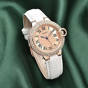 Strada Japanese Movement White Austrian Crystal Watch with White Faux Leather Strap (36mm) (6.75 -8.00 Inches)