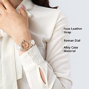 Strada Japanese Movement White Austrian Crystal Watch with White Faux Leather Strap (36mm) (6.75 -8.00 Inches)