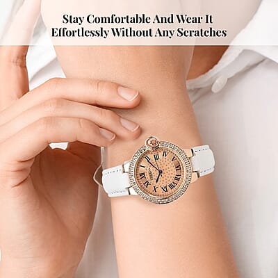 Strada Japanese Movement White Austrian Crystal Watch with White Faux Leather Strap (36mm) (6.75 -8.00 Inches)
