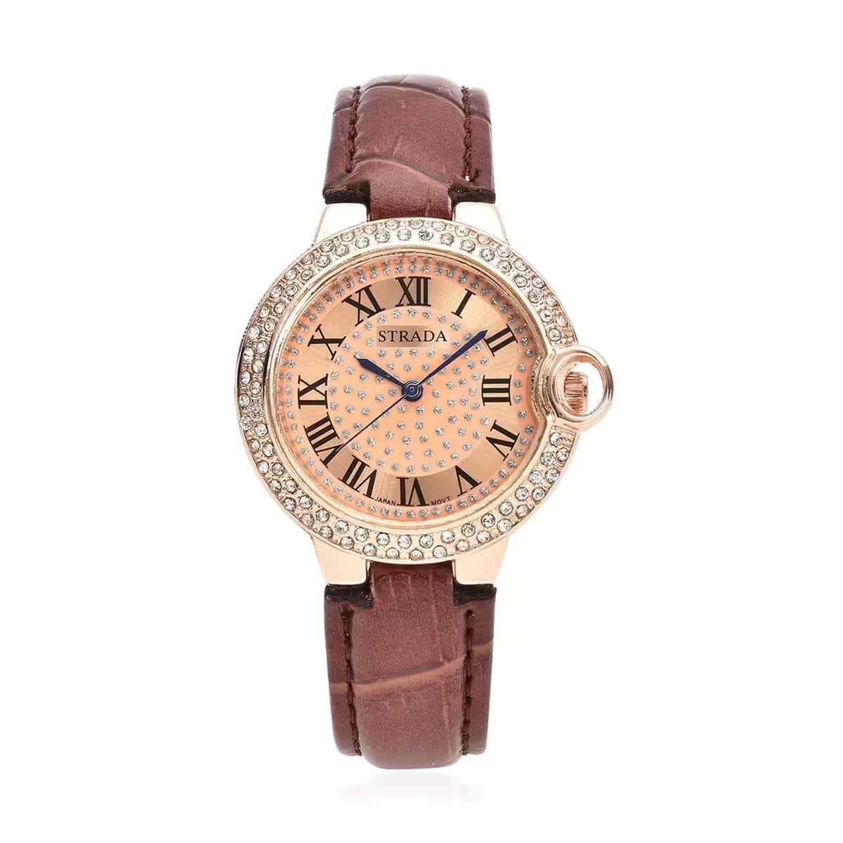 Strada Japanese Movement White Austrian Crystal Watch with Brown Faux Leather Strap (36mm) (6.75 -8.00 Inches) image number 0