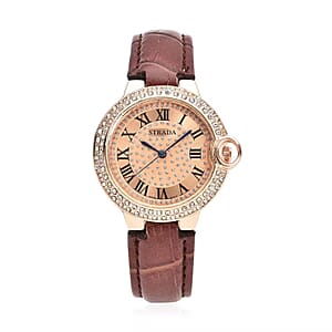 Strada Japanese Movement White Austrian Crystal Watch with Brown Faux Leather Strap (36mm) (6.75 -8.00 Inches)