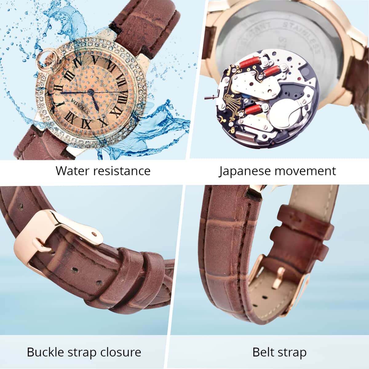 Strada Japanese Movement White Austrian Crystal Watch with Brown Faux Leather Strap (36mm) (6.75 -8.00 Inches) image number 3