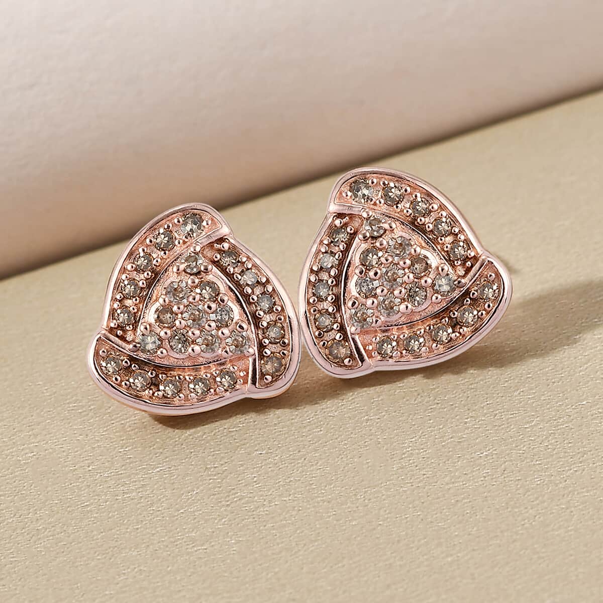 Natural Champagne Diamond Triangle Stud Earrings in Vermeil Rose Gold Over Sterling Silver 0.50 ctw image number 1