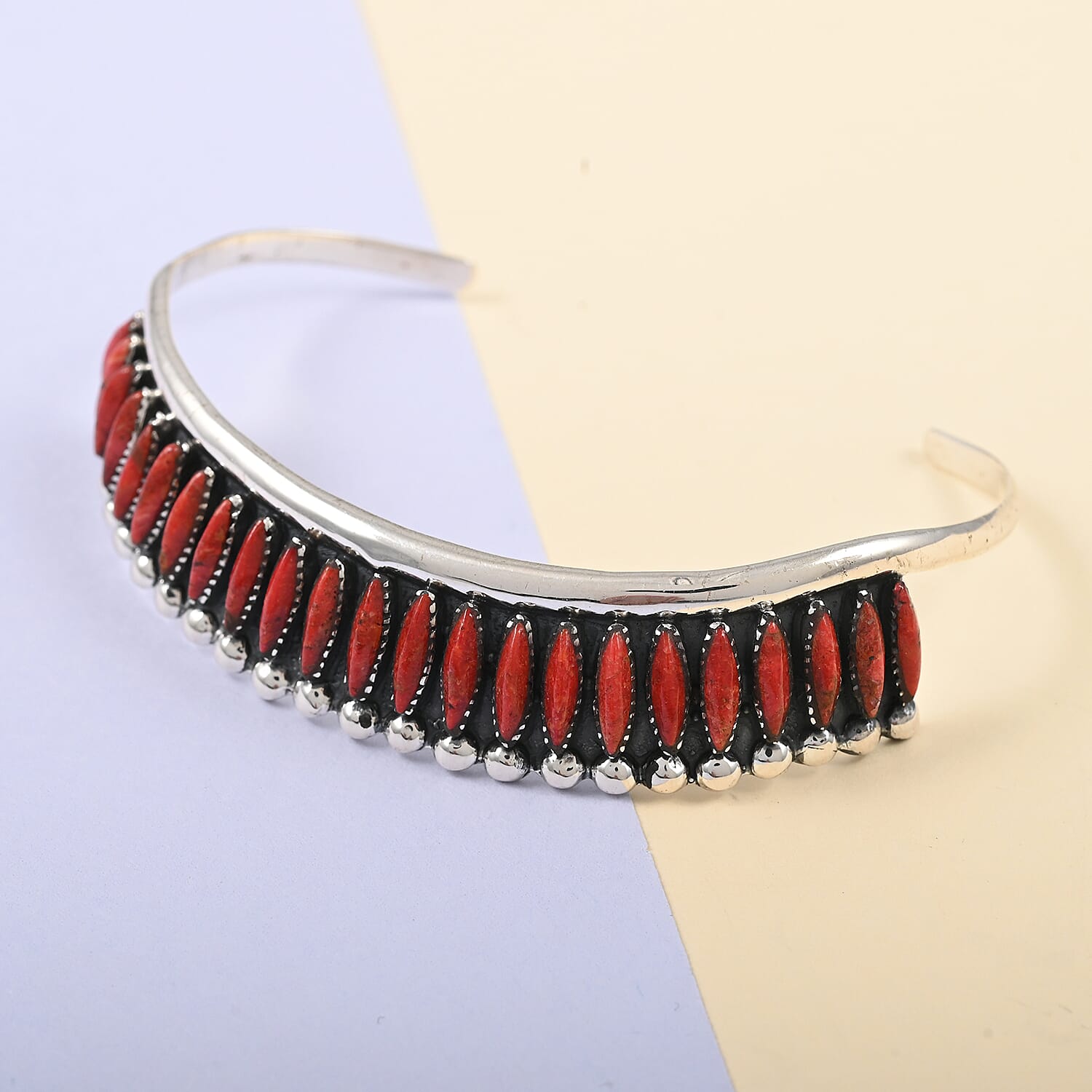 Santa Fe Style Enhanced Red Coral Cuff Bracelet in Sterling Silver (7.00 In) 15.90 Grams