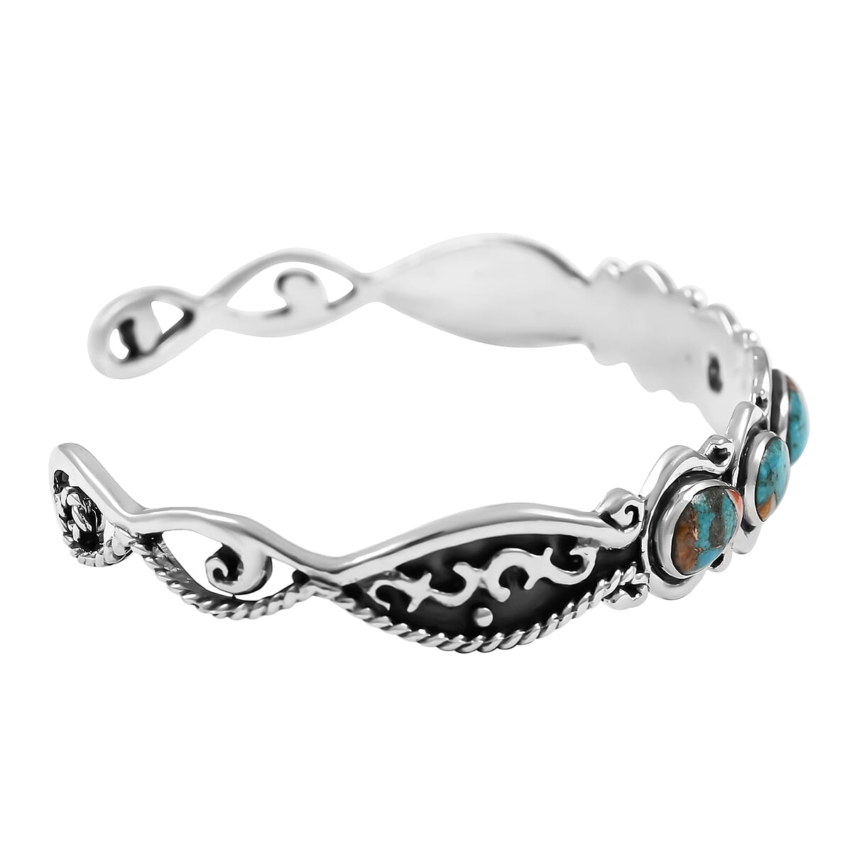 Santa Fe Style Spiny Turquoise Cuff Bracelet in Sterling Silver (7.00 In) 10.90 Grams 1.25 ctw image number 2
