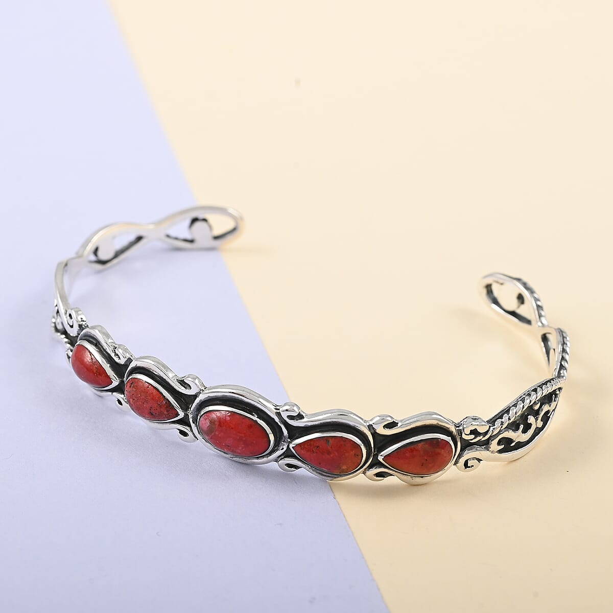 Santa Fe Style Red Coral Cuff Bracelet in Sterling Silver (7.00 In) 11.10 Grams image number 1