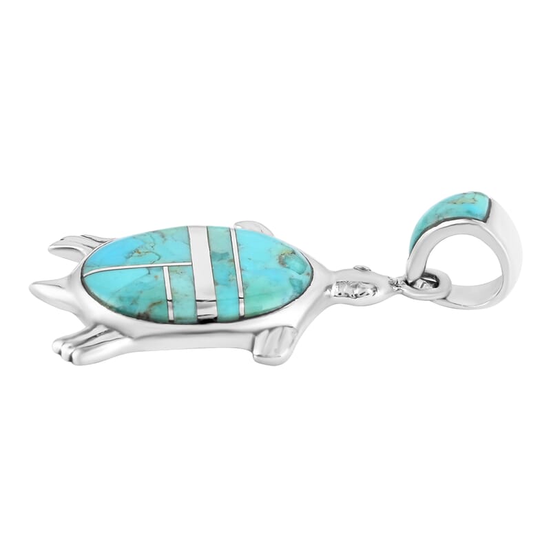 Santa Fe Style Kingman Turquoise Turtle Pendant in Sterling Silver 7.60 Grams 1.50 ctw