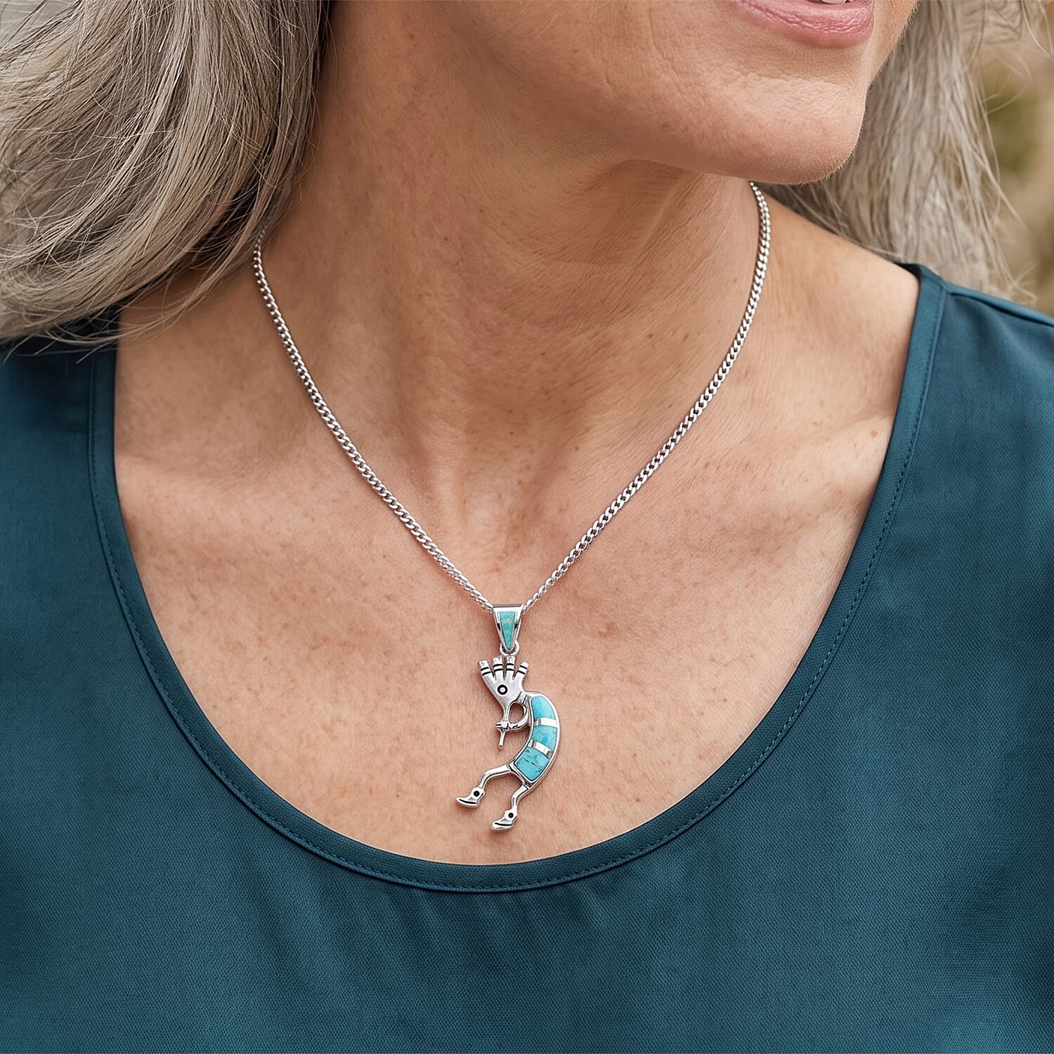 Santa Fe Style Turquoise 0.50 ctw Kokopelli Pendant without Chian in Sterling Silver