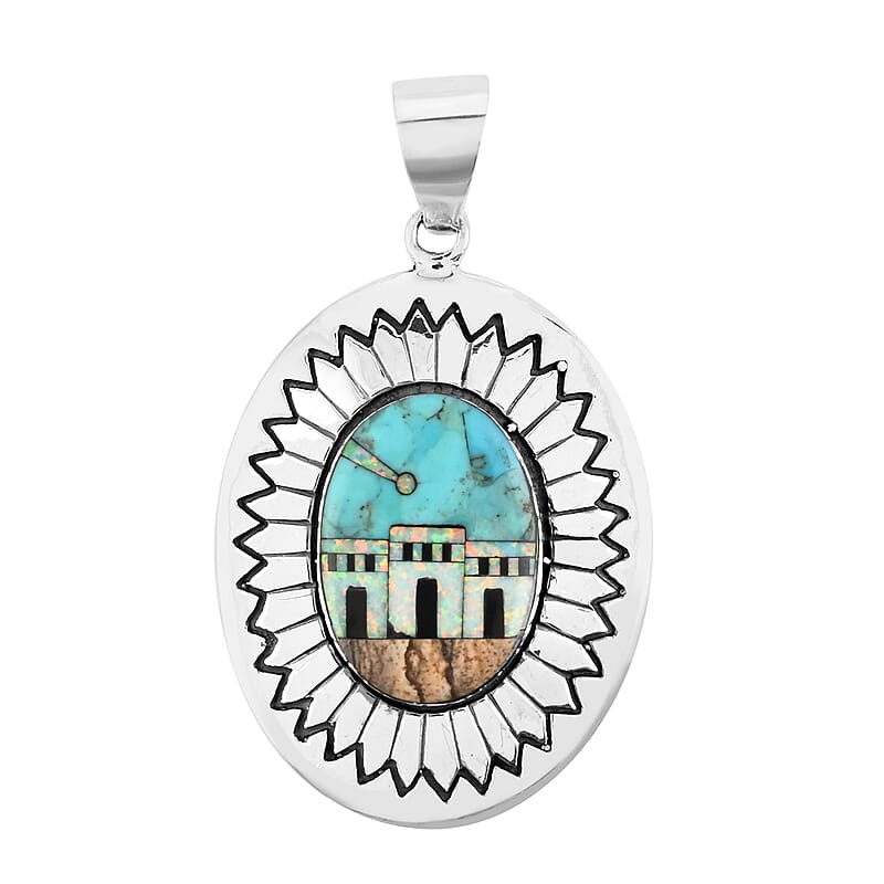 Santa Fe Style Kingman Turquoise and Multi Gemstone Pueblo Homes Pendant in Sterling Silver 7.90 Grams 1.25 ctw