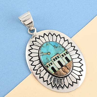 Santa Fe Style Kingman Turquoise and Multi Gemstone Pueblo Homes Pendant in Sterling Silver 7.90 Grams 1.25 ctw