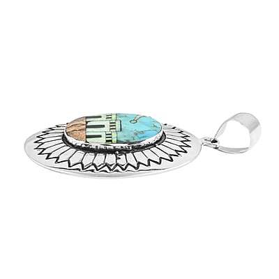 Santa Fe Style Kingman Turquoise and Multi Gemstone Pueblo Homes Pendant in Sterling Silver 7.90 Grams 1.25 ctw