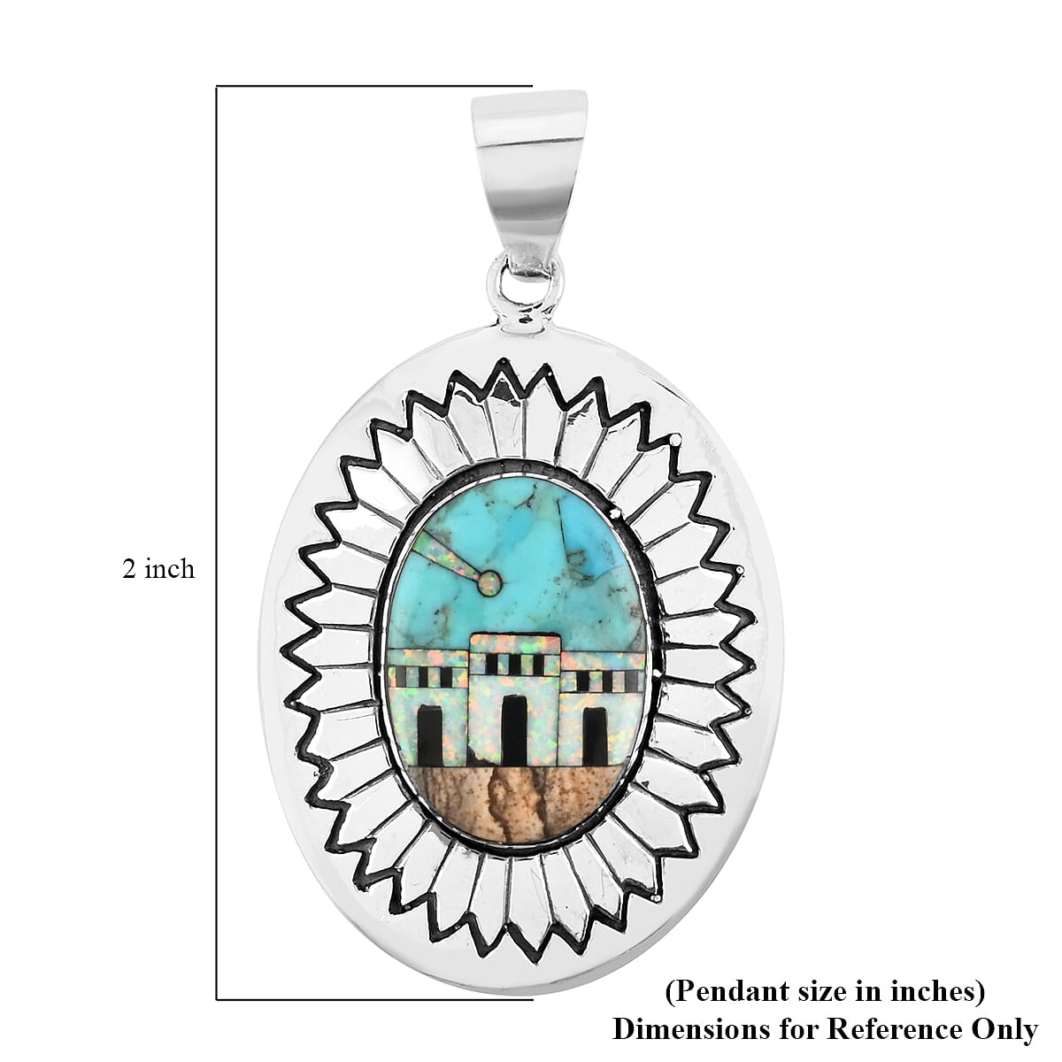 Santa Fe Style Kingman Turquoise and Multi Gemstone Pueblo Homes Pendant in Sterling Silver 7.90 Grams 1.25 ctw