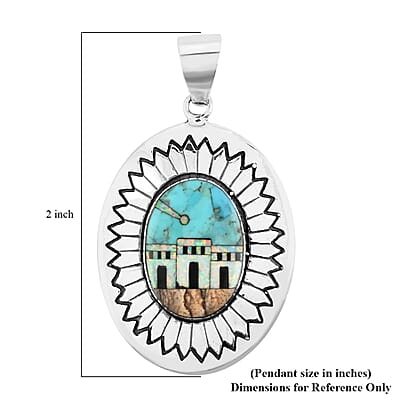 Santa Fe Style Kingman Turquoise and Multi Gemstone Pueblo Homes Pendant in Sterling Silver 7.90 Grams 1.25 ctw