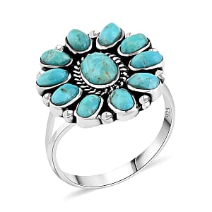 Santa Fe Style Kingman Turquoise 2.75 ctw Flower Ring in Sterling Silver (Size 6.0)