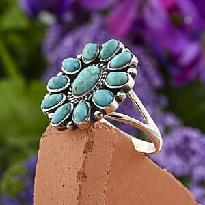 Santa Fe Style Kingman Turquoise 2.75 ctw Flower Ring in Sterling Silver (Size 7.0)