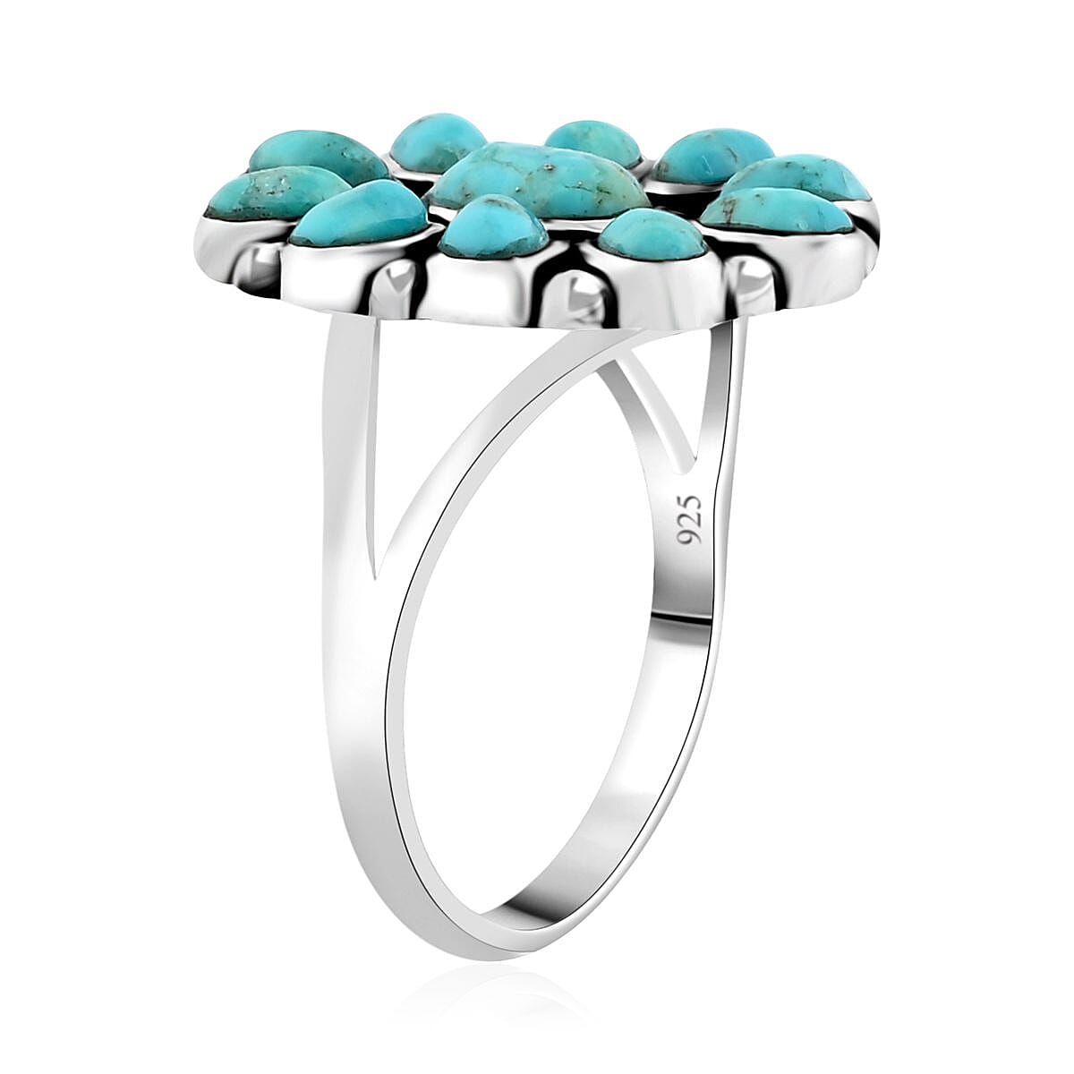 Santa Fe Style Kingman Turquoise 2.75 ctw Flower Ring in Sterling Silver (Size 9.0) image number 3