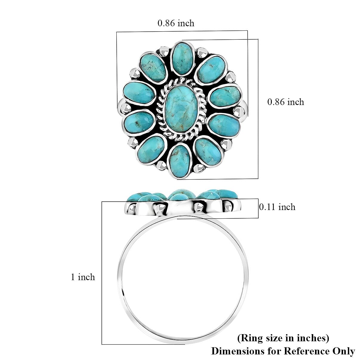 Santa Fe Style Kingman Turquoise 2.75 ctw Flower Ring in Sterling Silver (Size 9.0) image number 4